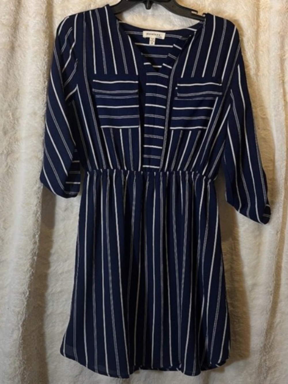 Monteau Los Angeles Women’s Dress Sz Med Striped Blue White Coastal 3/4 Sleeve